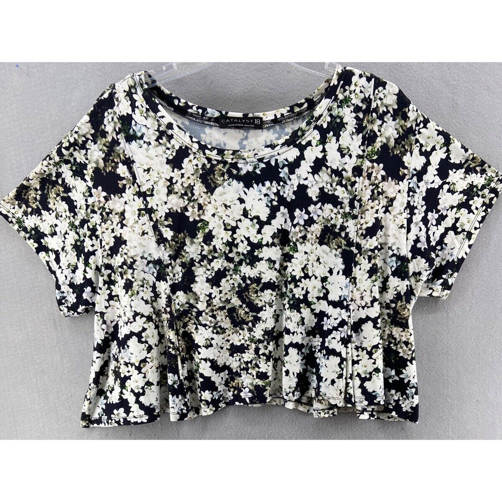 Catalyst Shirt Womens Sz 18 Black Floral Short Sleeve Pleated Crop‎ Comfort